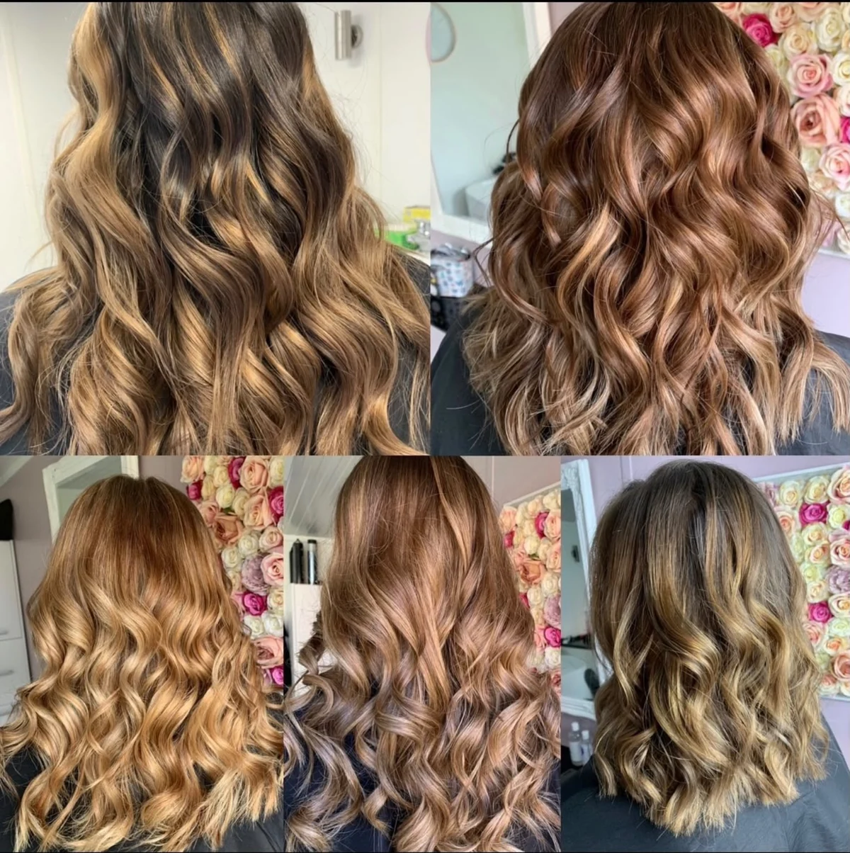 Collage of warm brunette and caramel hair colour with wavy finishes